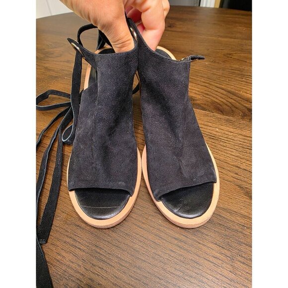 Black Suede Open-Toe Heeled Sandals With Wraparound Straps & Wooden Block Heel B - Picture 2 of 16